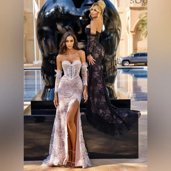 Portia And Scarlett - PS24108 Black/nude lace formal gown with removable sleeves - Picture 5 of 7